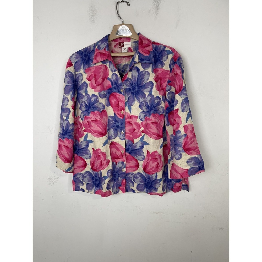 JM Collection by Jennifer Moore Womens Size 18 100% Linen Floral Button Up Shirt